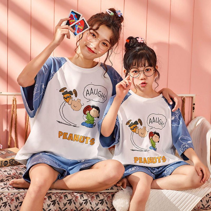 母女睡衣夏女童短袖短裤女纯棉薄款儿童套装小女孩大人亲子家居服
