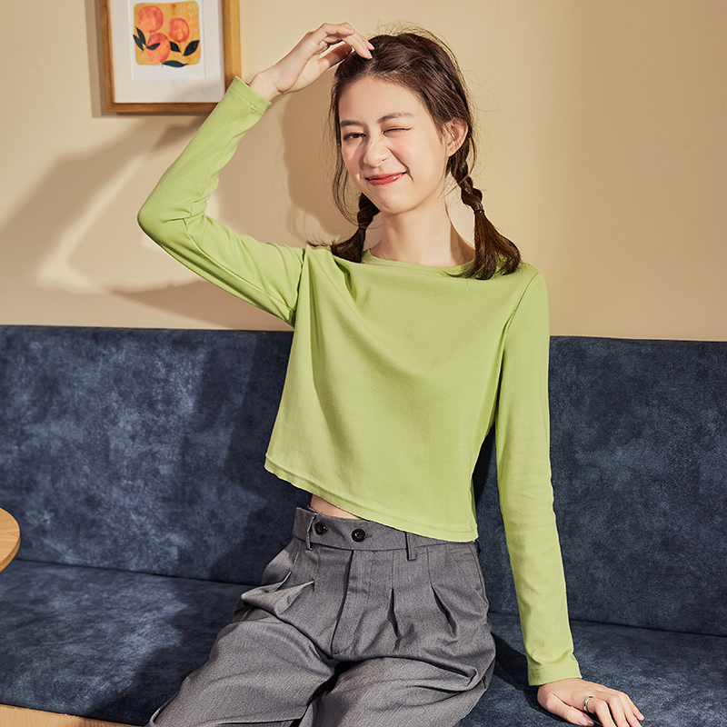 唐狮春季新款打底衫女内搭长袖短款上衣洋气百搭韩版黑色白色圆领