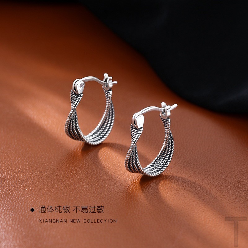 纯银麻花耳环女欧美风泰银做旧复古小众设计简约气质个性s925耳扣送女朋友老婆情人节七夕生日礼物
