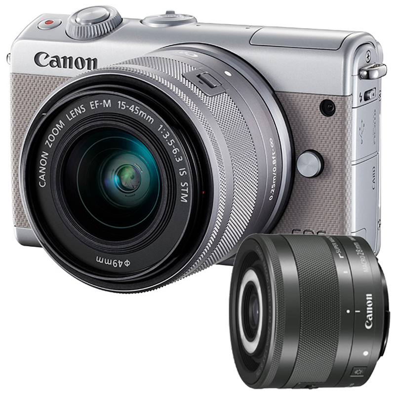 佳能(Canon) EOS M100灰 (15-45mm+28mm )数码微单相机 双镜头套装 约2420万像素