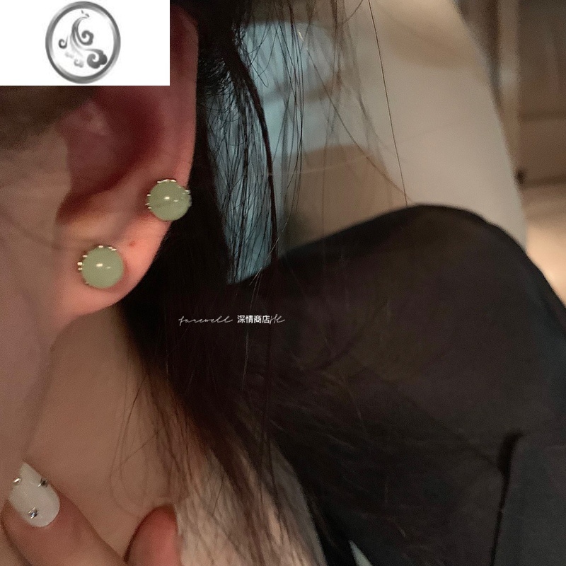 JiMi新中式~淡绿色 睡觉不用摘的耳钉女银银耳饰网红2022耳环小众 金属边蛋白绿珠耳钉