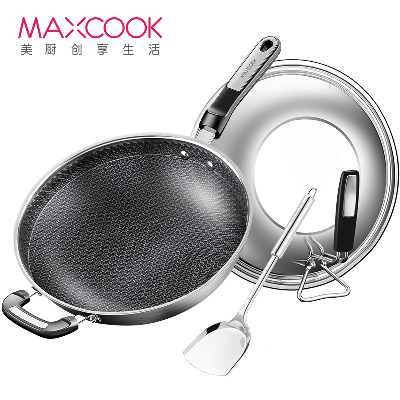 美厨maxcook不粘炒锅全面屏不粘锅32cm304不锈钢可用铁铲少油烟带可立