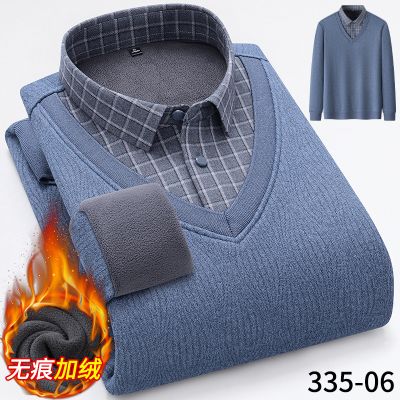 秋冬新款男士无痕衬衣假两件保暖长袖衬衫加绒保暖内衣潮_982 XL 06灰小格