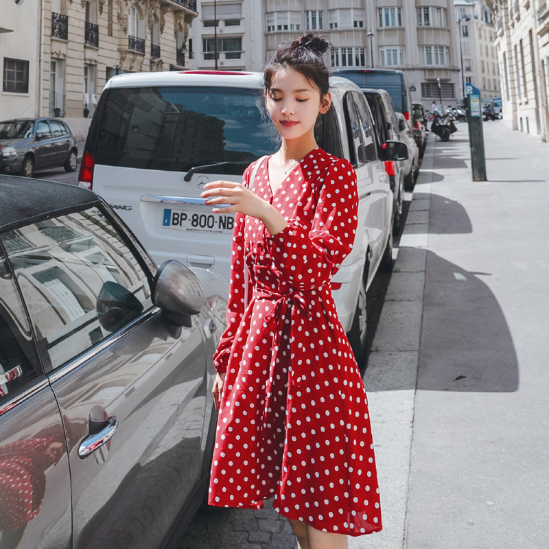 睿敖法式少女连衣裙秋款女款新品复古波点小个