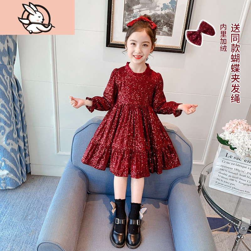 huayangtu女童洋气加绒连衣裙冬装新年衣服儿童秋冬过年裙子红色亮片
