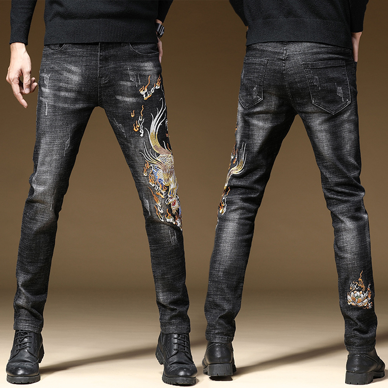 suntek个性刺绣图案绣花牛仔裤男中国风刺青印花重工破洞欧洲站潮牌