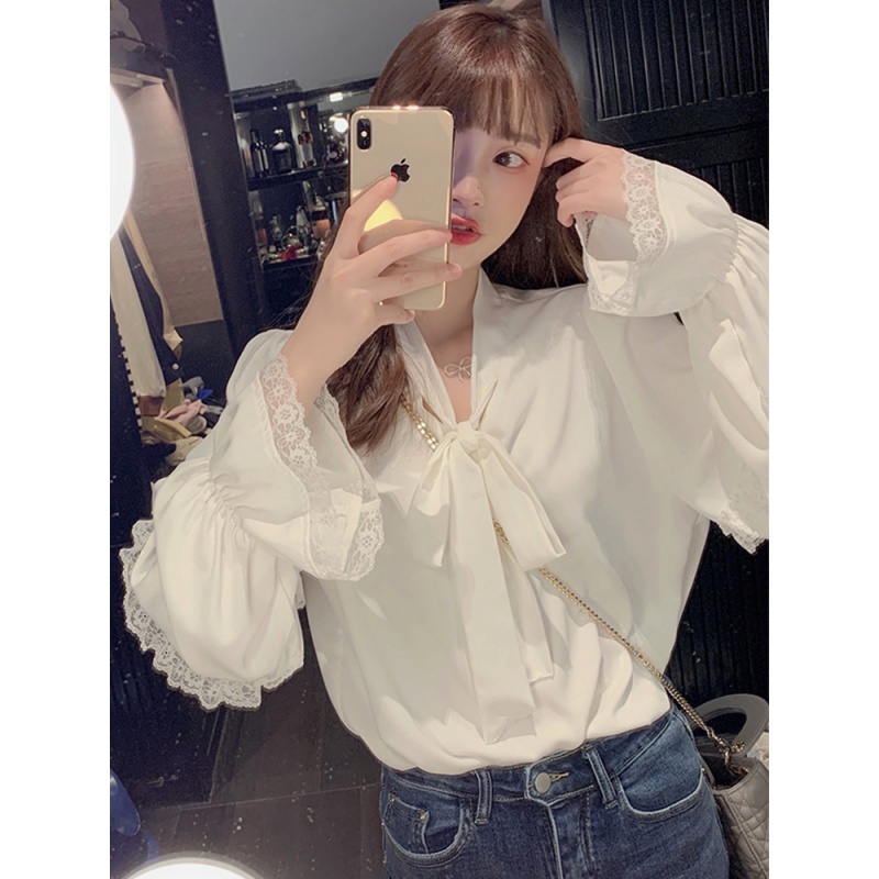 艳如飞春季女网红很仙的雪纺打底小衫蝴蝶结长袖学生T恤网红蕾丝衬衣潮蕾丝衫