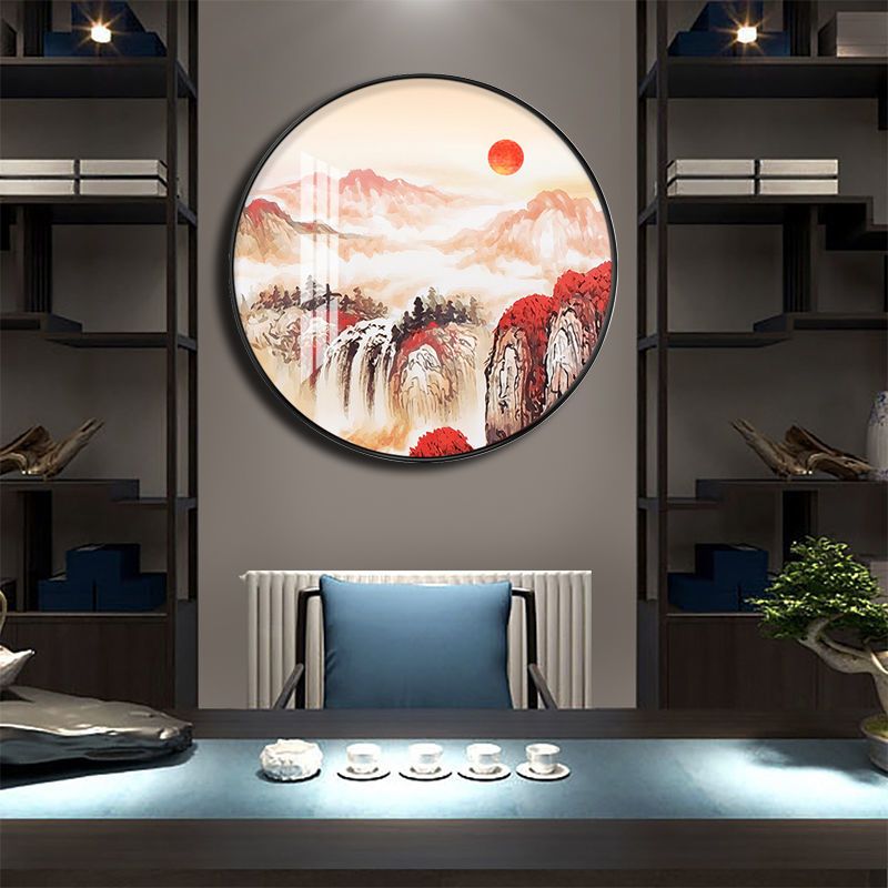 弗星 轻奢中式圆形晶瓷画鸿运当头客厅玄关装饰画过道壁画山水靠山挂