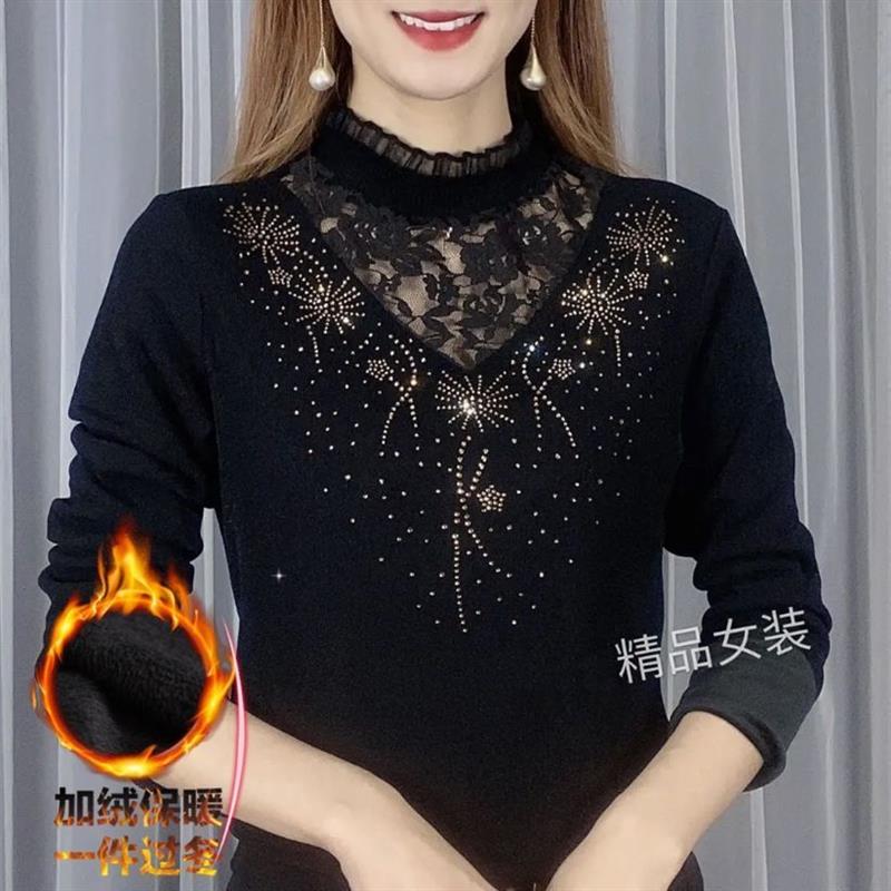 加绒/不加绒秋冬新款大码蕾丝打底衫女长袖t恤修身保暖蕾丝上衣
