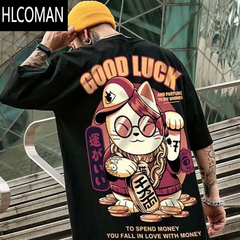 HLCOMANoversize潮牌宽松T恤美式短袖五分袖大码国潮t恤加肥加大男装夏季