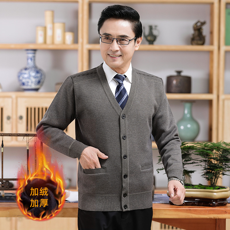 秋冬中年男士保暖加绒加厚外套北方大红长袖纯色提花加绒羊毛开衫_1