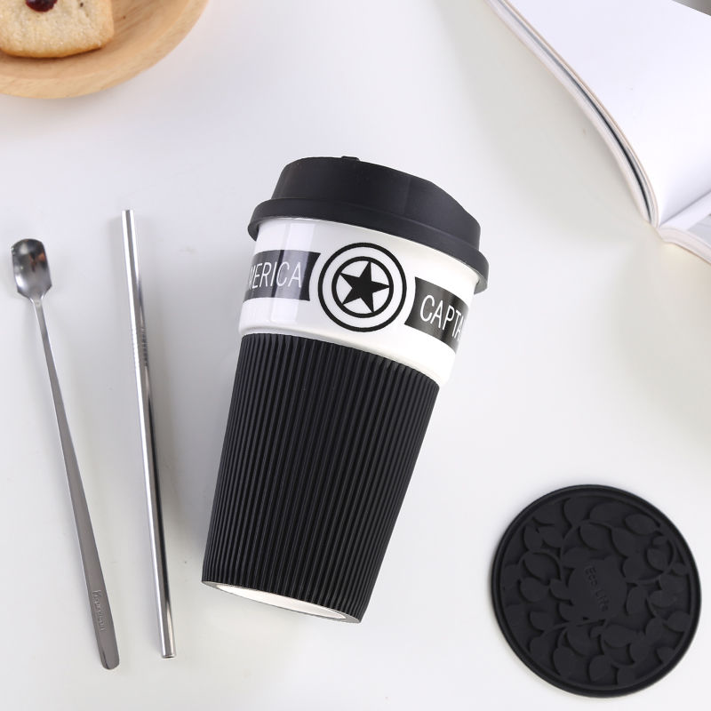 创意杯子陶瓷杯马克杯卡通情侣杯牛奶杯咖啡杯茶杯水杯带盖勺 黑色蝙蝠