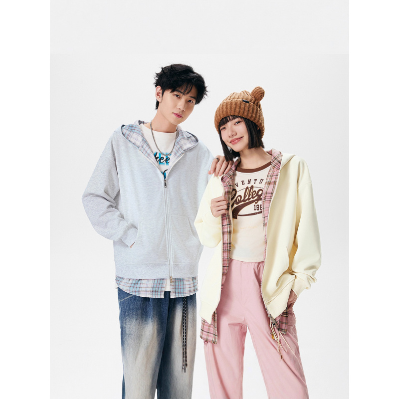 秋季新款假两件开衫格子连帽卫衣男女潮流双头拉链宽松情侣款外套