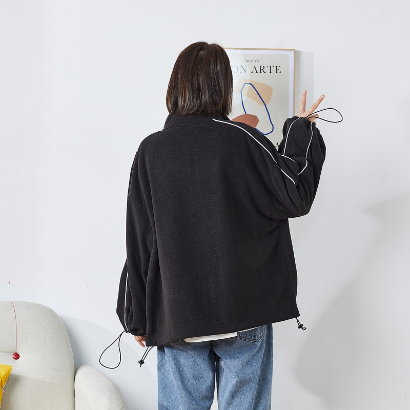 唐狮摇粒绒外套女春季新款宽松运动风抽绳百搭韩版时尚外套