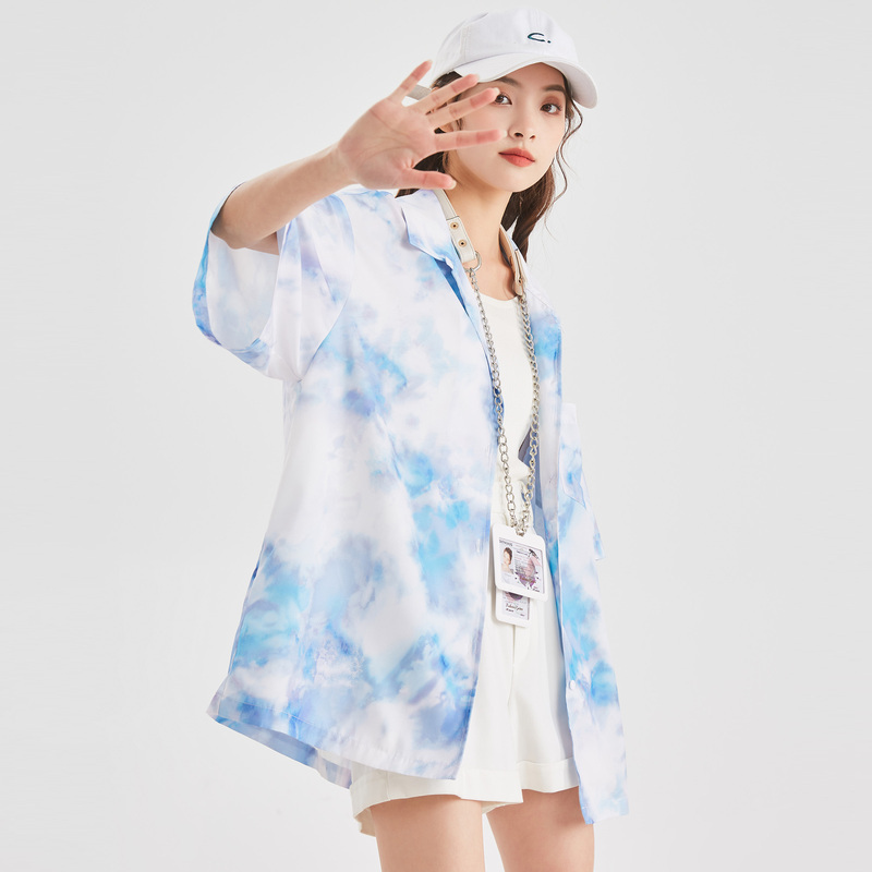 [2.5折价61元]唐狮夏季新款短袖衬衫女宽松显瘦衬衫外套甜酷扎染衬衣女