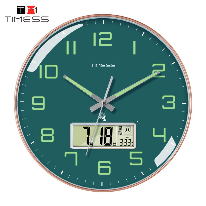 TIMESS夜光电波钟表挂钟客厅家用时尚2024新款挂墙电子钟大气 P47-2绿面【光感夜光电波钟】【智能光感+夜光+自动对时】 14英寸(直径35.5厘米)