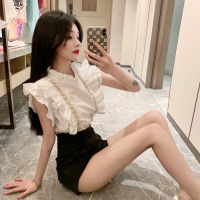 艳如飞法式复古套装夏季气质钉珠荷叶边衬衫洋气高腰短裤时尚女装两件套套装