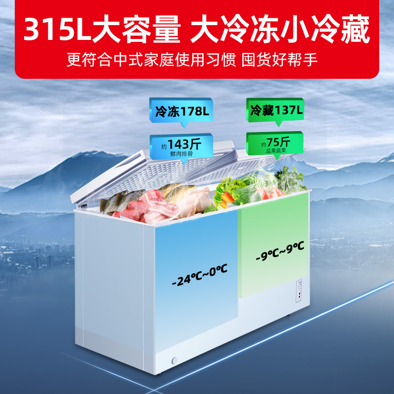 星星(XINGX) BCD-315JE 315升 卧式冷柜 冰柜 顶开门 商户好搭档 二级节能 加厚发泡层双温双箱