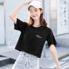 95%棉短款t恤女上衣宽松新款小个子百搭显瘦高腰露脐装短袖女短版 黑色 艺术小排字母 S