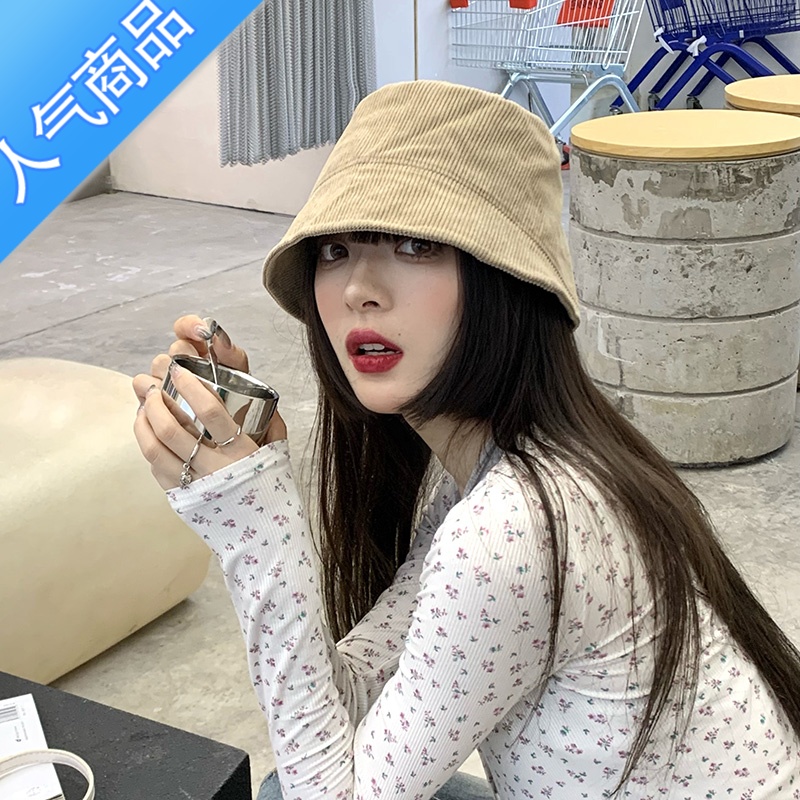 SUNTEK灯芯绒渔夫帽女春秋日系百搭网红少女大头围显脸小防晒水桶帽秋冬