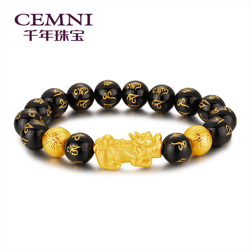 cemni千年珠宝貔貅手链男黄金999足金转运珠手串3d硬金皮丘六字箴言