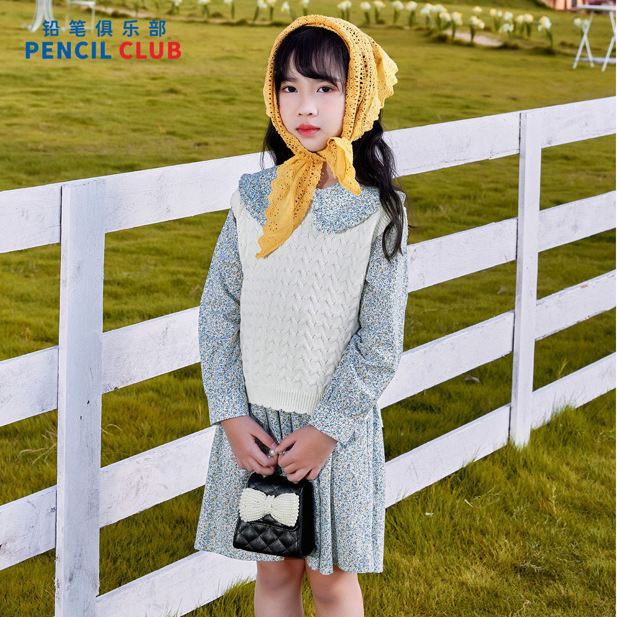 【碎花连衣裙】秋季新款女童长袖连衣裙儿童裙子娃娃领休闲百搭 110 粉绿