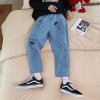 梵克公牛韩版常规阔腿裤男士潮流百搭牛仔裤印花水洗九分工装裤子 蓝色 086 公仔牛仔裤