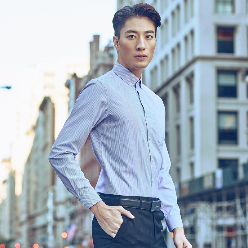 49.7元包邮   才子男装（TRIES）长袖衬衫 男秋冬条纹商务正装长袖衬衫