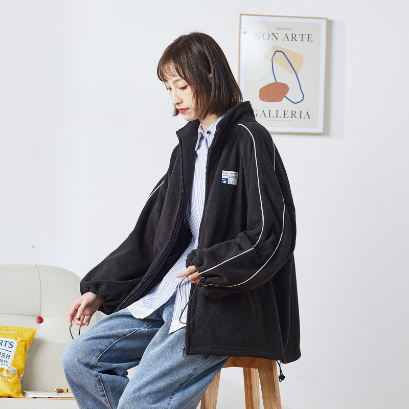 唐狮摇粒绒外套女春季新款宽松运动风抽绳百搭韩版时尚外套