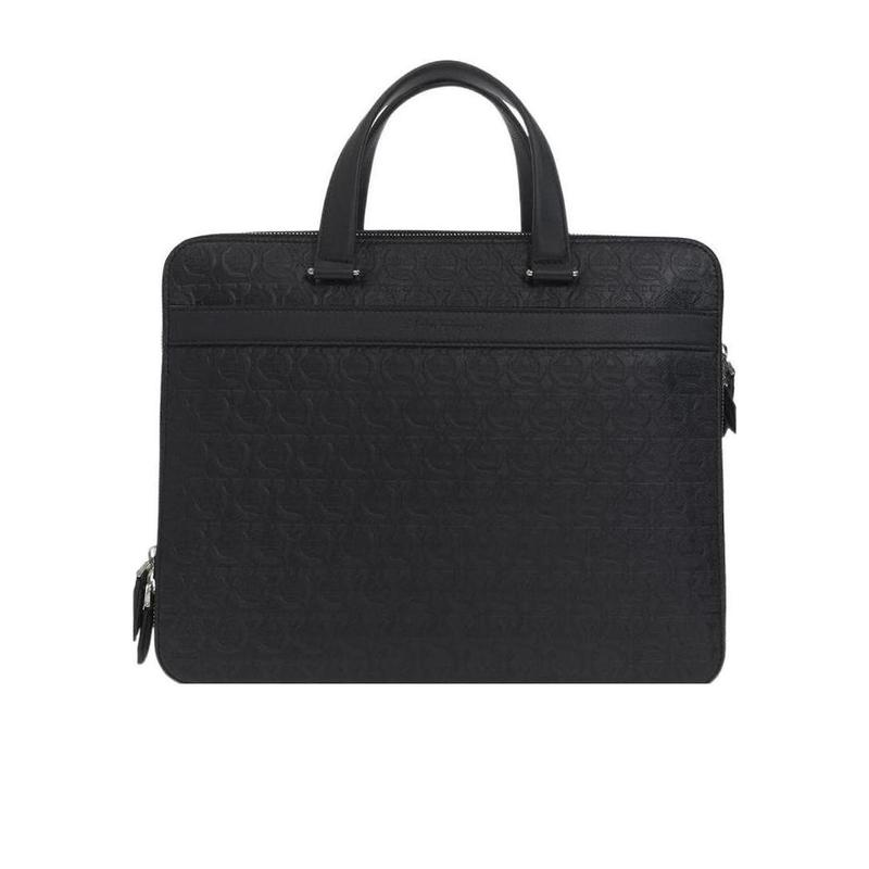 Salvatore Ferragamo 男士公文包 黑色精致浮雕徽标真皮手提斜挎包轻奢商务职场送男友