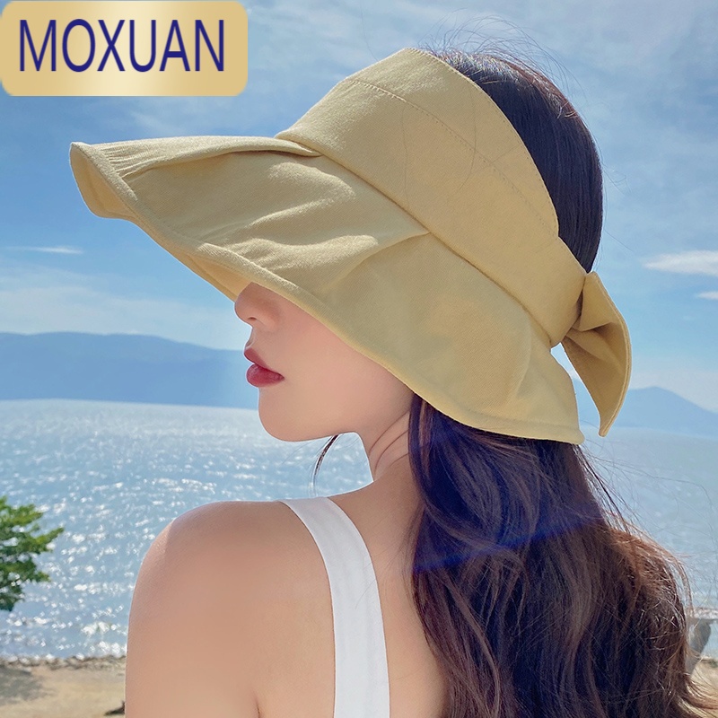 MOXUAN韩国UV空顶防晒帽女夏遮脸太阳帽子大沿蝴蝶结渔夫遮阳帽