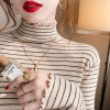 Three Sons秋冬新款显瘦半高领条纹长袖打底衫修身针织上衣女洋