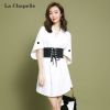 拉夏贝尔春夏新款韩版宽松显瘦束腰喇叭袖衬衫连衣裙女10013875