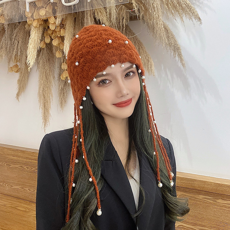 帽子女秋冬手工钩花文艺复古针织帽网红直播仙女珍珠镂空流苏帽