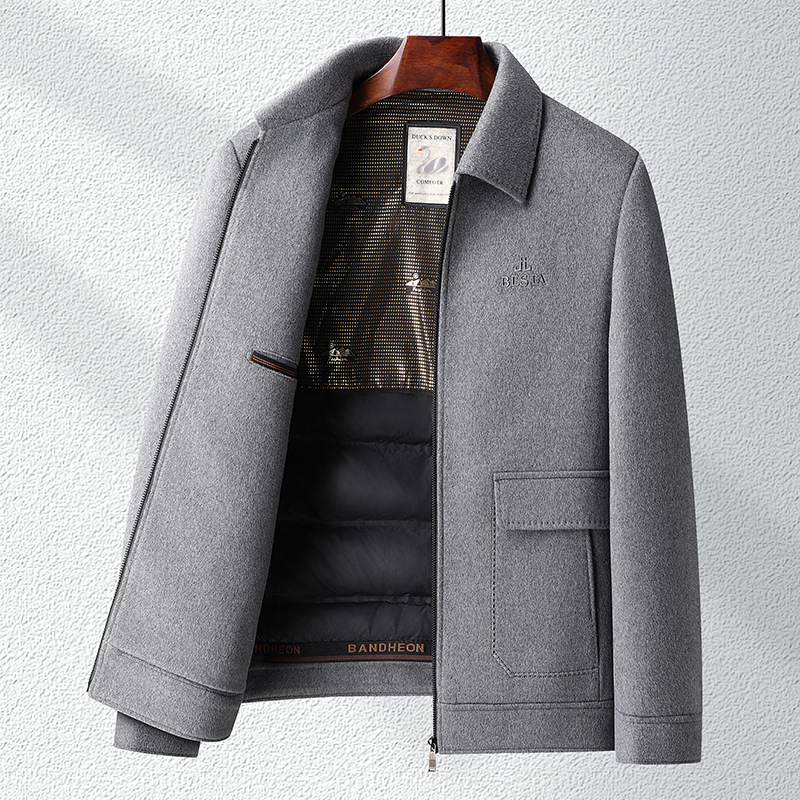 含桑蚕丝羊毛夹克纯色简约鸭绒脱卸内胆双面呢羊毛茄克男秋冬外套