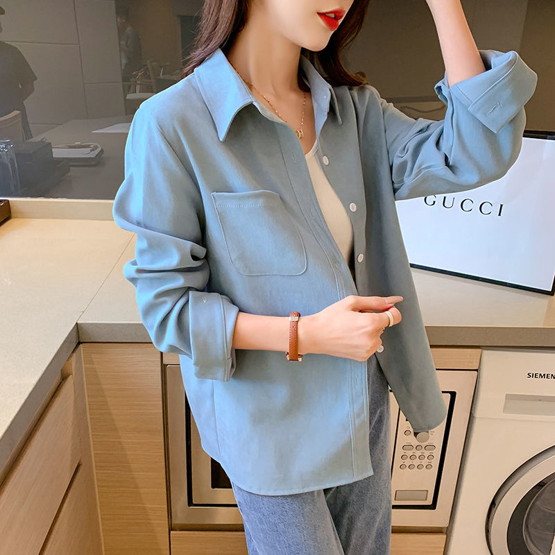 2021秋冬新款斜纹磨毛设计感衬衣女宽松显瘦叠穿小众叠穿上衣女
