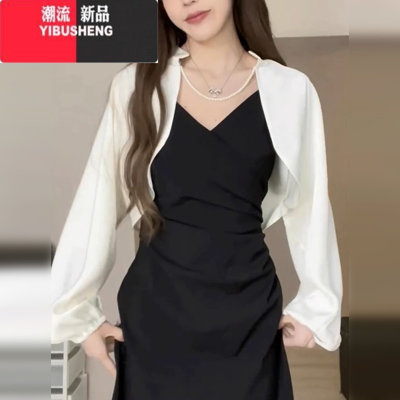 YIBUSHENG赫本风黑色吊带连衣裙子两件套2024早春新款女装收腰显瘦法式长裙