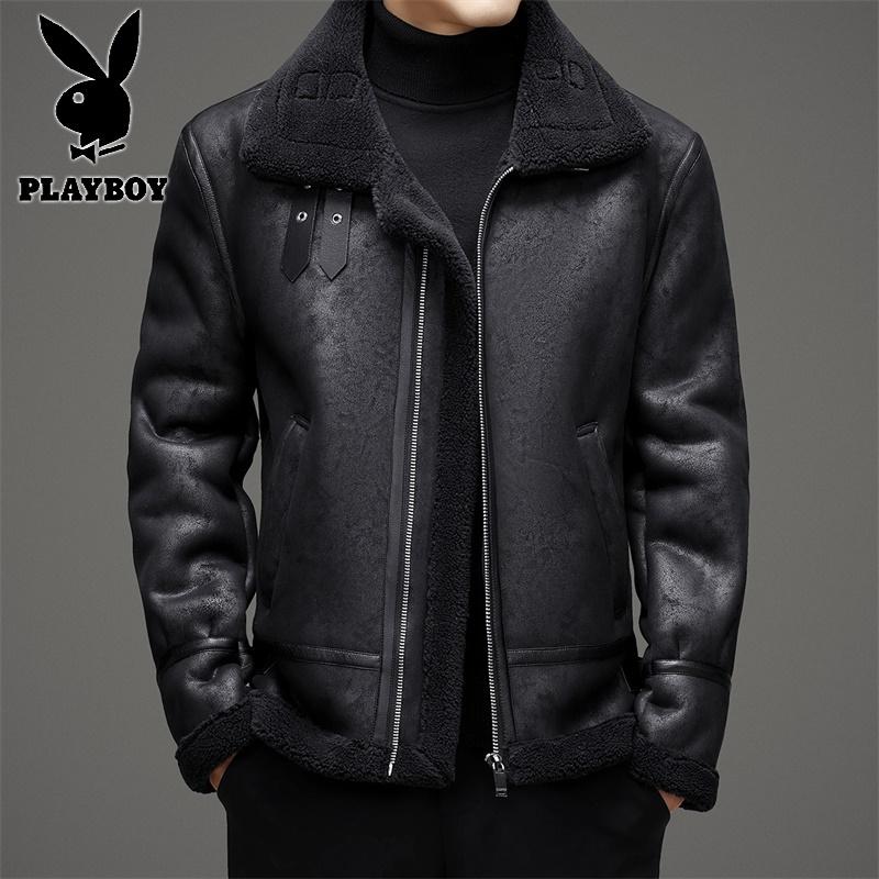 花花公子新款高品质8801皮毛一体皮衣男磨毛皮羊羔毛加厚保暖冬季外套棉衣男