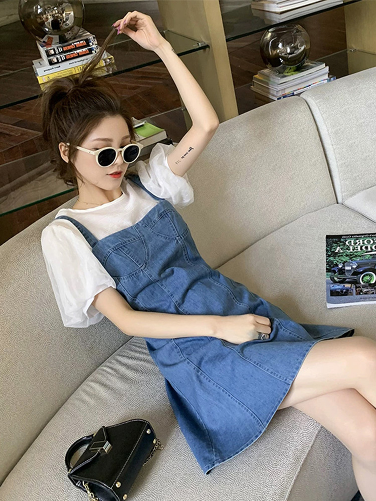 艳如飞牛仔连衣裙女套装夏季新款小个子减龄背带裙搭配雪纺衫显瘦两件套连衣裙