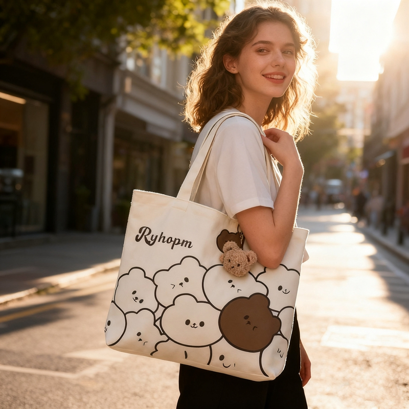 大号托特包帆布包布袋包买菜包 多头熊【有拉链+挂件】