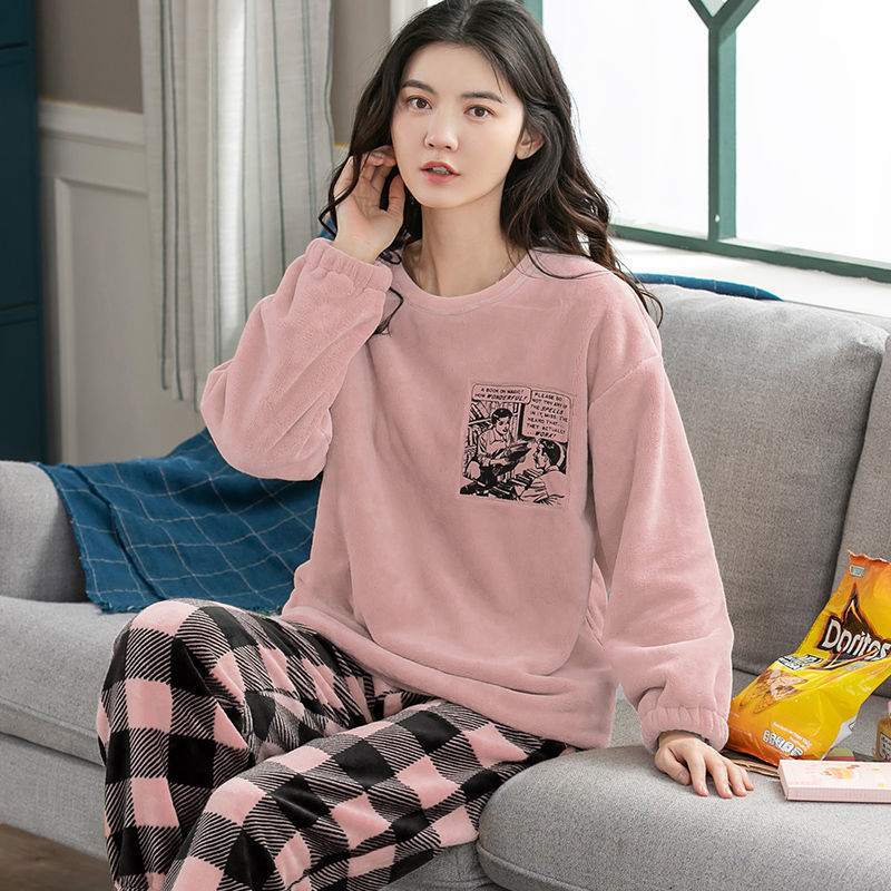 法兰绒长袖睡衣女秋冬季学生可爱卡通甜美加厚保暖珊瑚绒家居服女