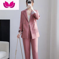 七斓西服套装女休闲胖mm大码宽松显瘦韩系西装职业工装套200斤0 M 皮粉长袖春秋款