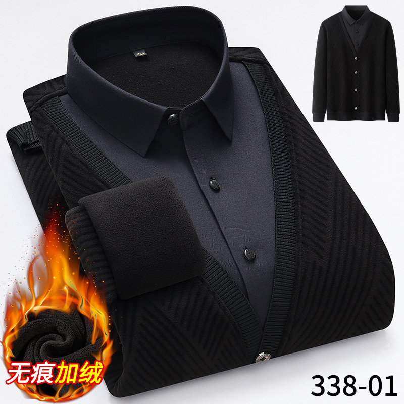 秋冬新款男士无痕衬衣假两件保暖长袖衬衫加绒保暖内衣潮_597