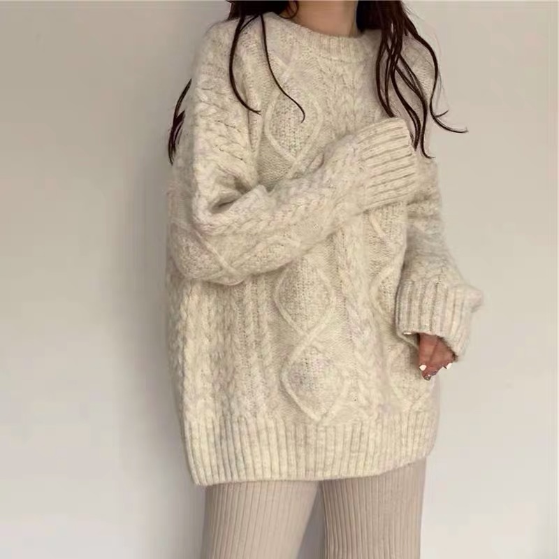 SUNTEK韩版宽松加厚外穿麻花毛衣外套2020新款秋冬女慵懒风针织套头上衣毛衣