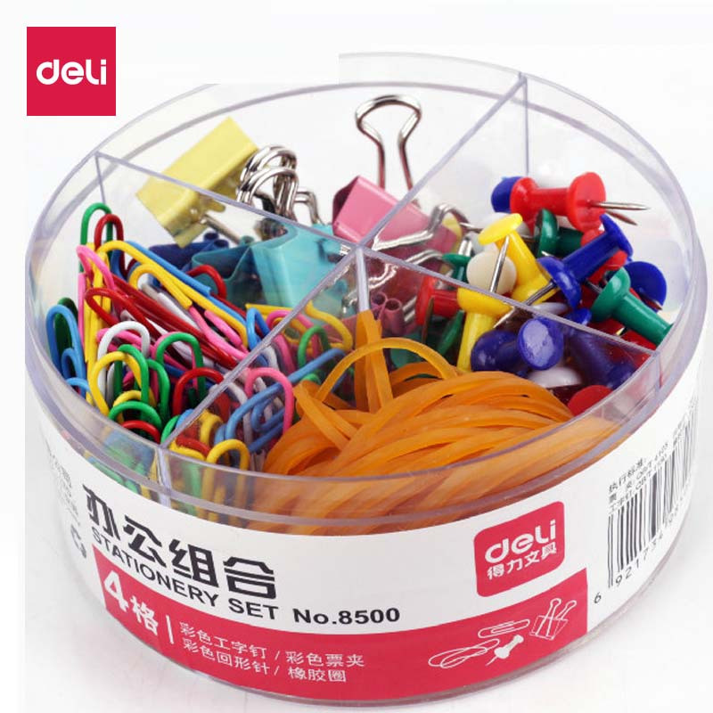 得力(deli)8500 办公组合套装 图钉/回形针/燕尾夹/橡皮筋四合一 3盒装·