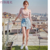 2018秋韩版针织衫前交叉V领短款中袖毛衣修身显瘦打底上衣女