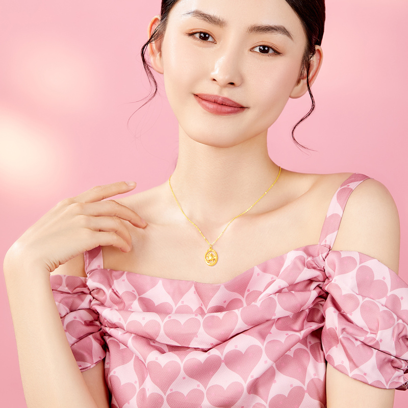 梦金园玫瑰花窗黄金吊坠硬金足金挂坠小清新花朵镂空爱心金坠子配银项链
