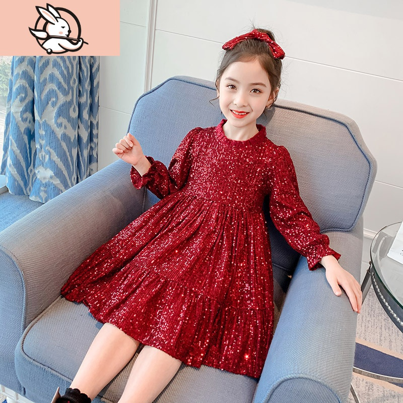 huayangtu女童洋气加绒连衣裙冬装新年衣服儿童秋冬过年裙子红色亮片