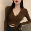 纯欲风性感v领绑带针织打底衫女春秋别致设计感内搭学生上衣