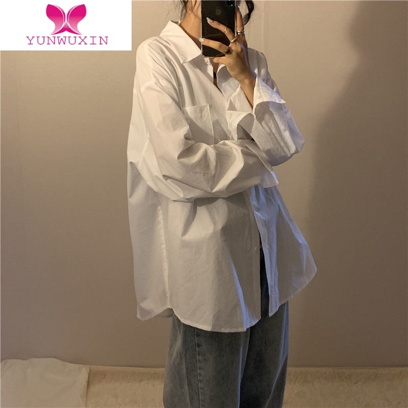 YUNWUXIN白色衬衫女秋季新款韩版学生宽松长袖衬衣港风复古设计感百搭上衣